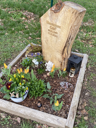 Edelstahl Grabschrift gerstet und galvanisch vergoldet auf Holzstelle montiert